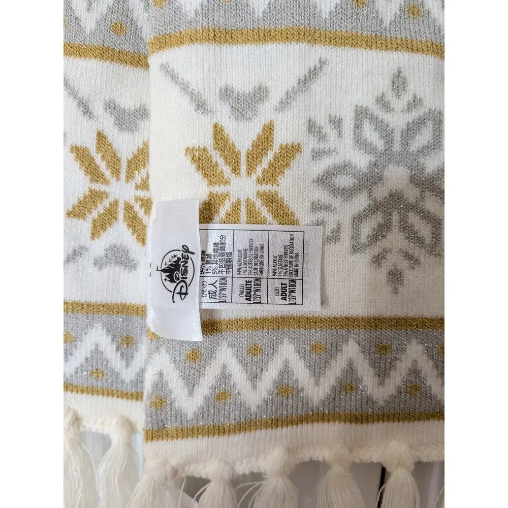 Disney Winter Magic Snowflake Knit Scarf NWT Cream Gold Fringe Winter Scarf